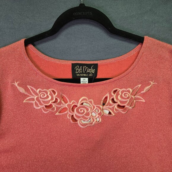Bob Mackie Wearable Art Rose Embroidered Pink Shimmer 2X Blouse With 3/4 Sleeves - Picture 5 of 10
